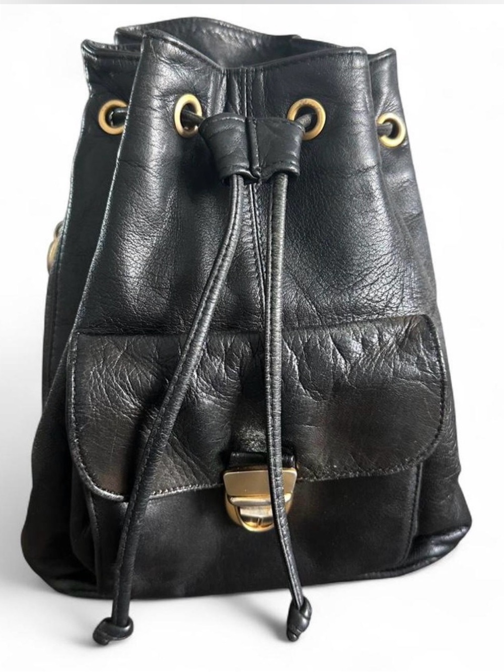 Morgan Taylor Black Leather Drawstring Backpack with Gold Accents